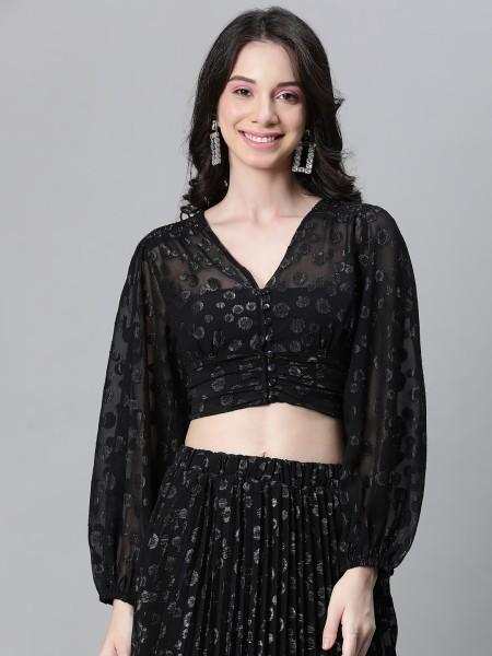 casual regular sleeves embellished women black top