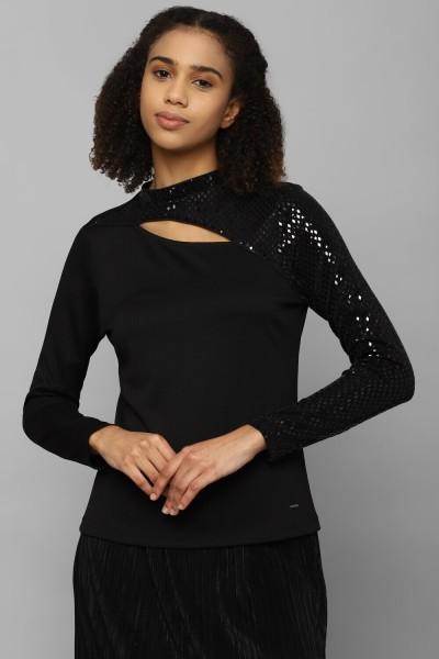 casual regular sleeves embellished women black top