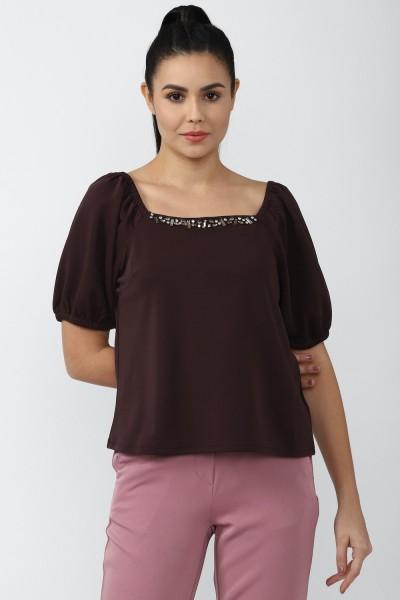 casual regular sleeves embellished women brown top