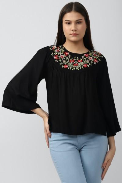 casual regular sleeves embroidered women black top