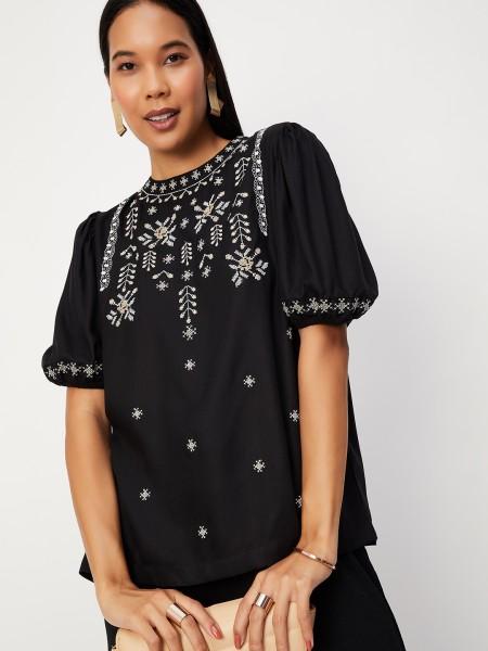 casual regular sleeves embroidered women black top