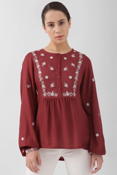 casual regular sleeves embroidered women maroon, white top