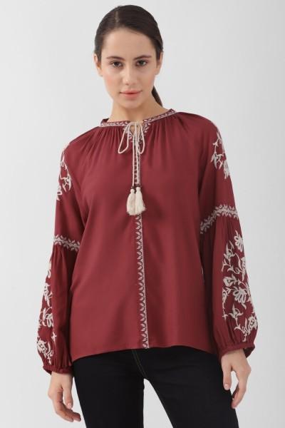 casual regular sleeves embroidered women maroon, white top