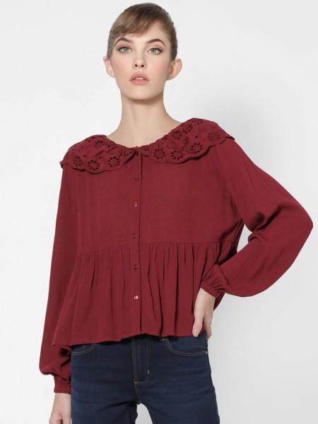 casual regular sleeves embroidered women maroon top