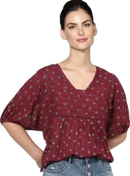 casual regular sleeves embroidered women maroon top