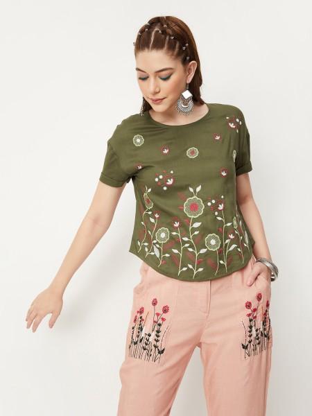 casual regular sleeves embroidered women multicolor top