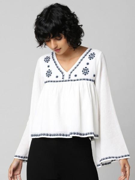 casual regular sleeves embroidered women white top