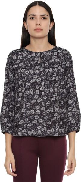 casual regular sleeves floral print women black top