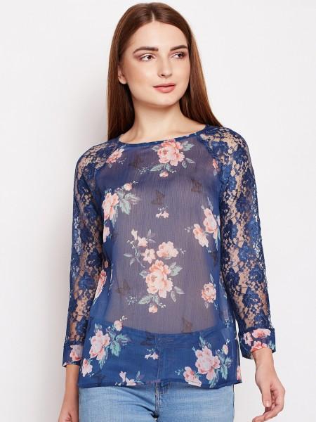 casual regular sleeves floral print women blue top