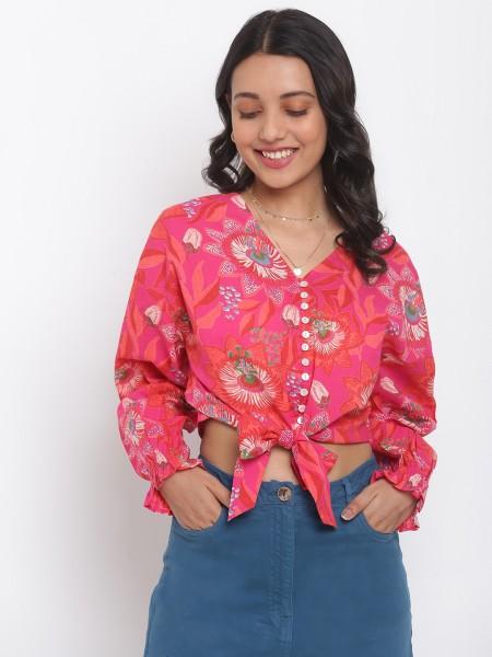 casual regular sleeves floral print women pink top