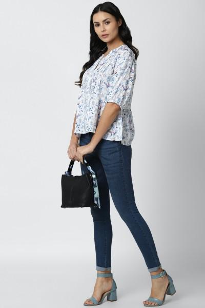 casual regular sleeves floral print women white, blue top