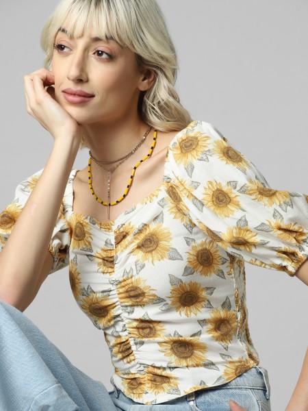 casual regular sleeves floral print women white top