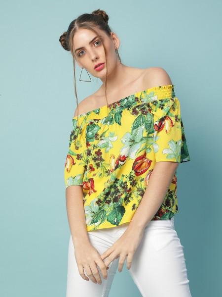 casual regular sleeves floral print women yellow top