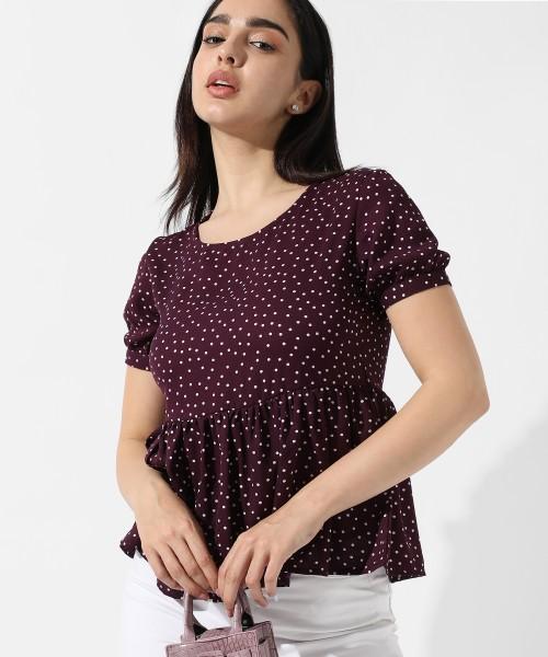 casual regular sleeves graphic print women maroon top