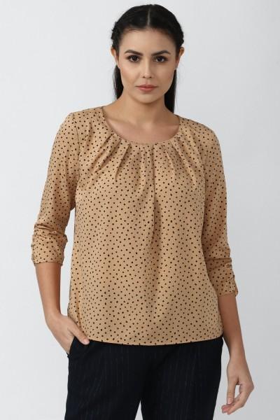 casual regular sleeves polka print women beige top