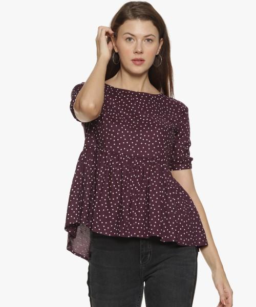 casual regular sleeves polka print women brown top