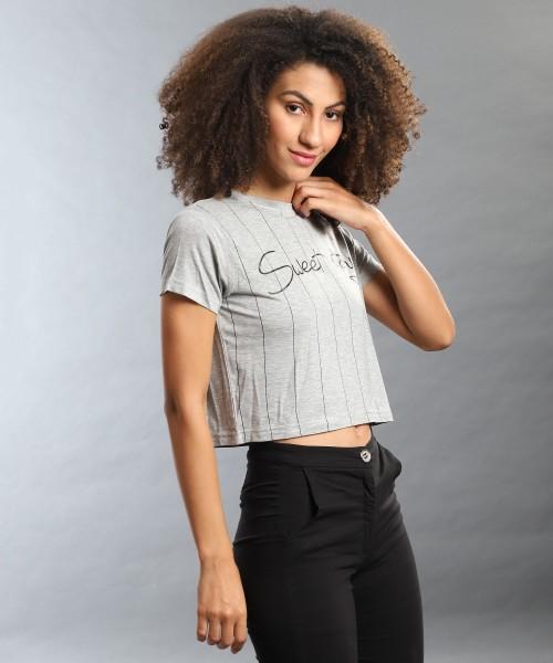 casual regular sleeves printed, striped women grey top