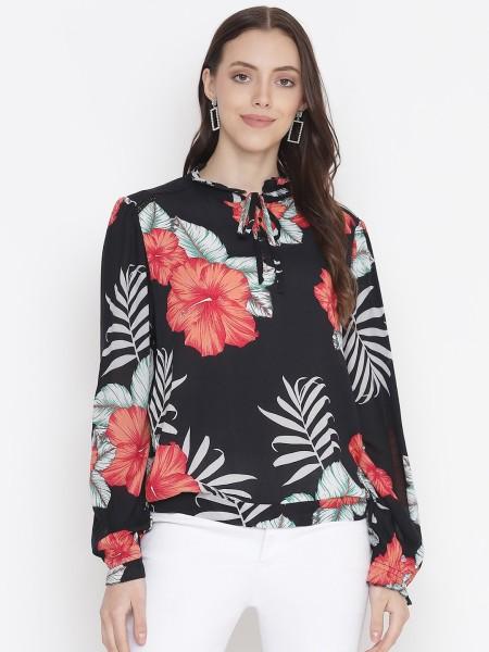 casual regular sleeves printed women black top