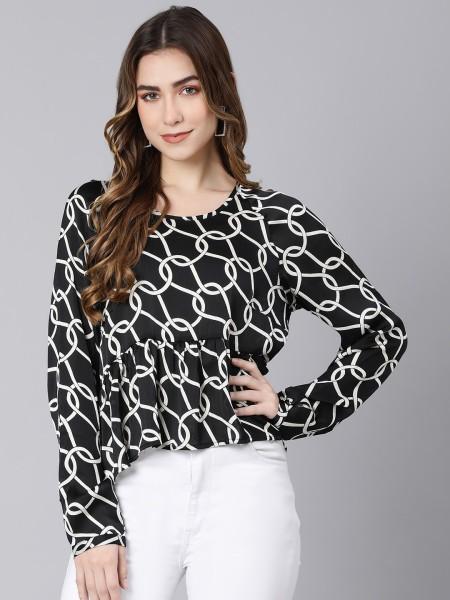 casual regular sleeves printed women black top