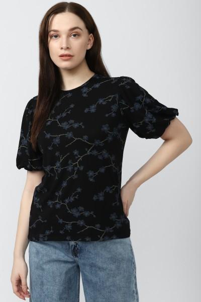 casual regular sleeves printed women black top