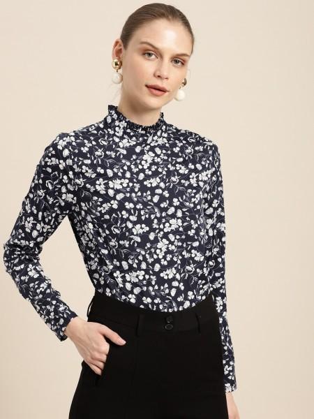 casual regular sleeves printed women dark blue top