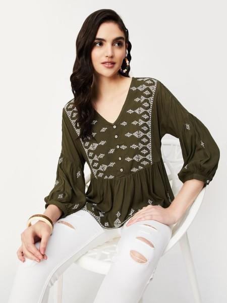 casual regular sleeves printed women dark green top