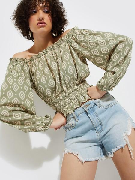 casual regular sleeves printed women light green, white top