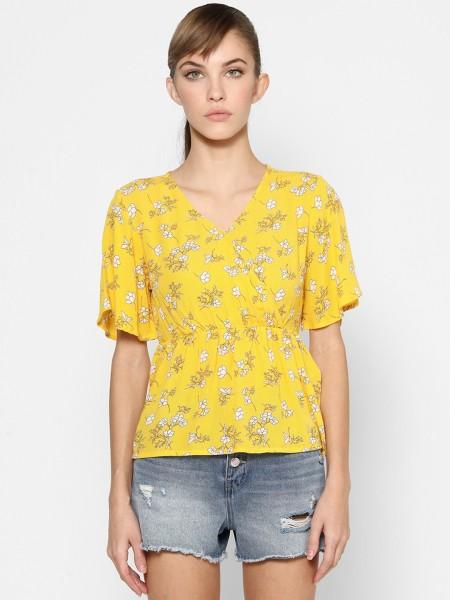 casual regular sleeves printed women yellow top