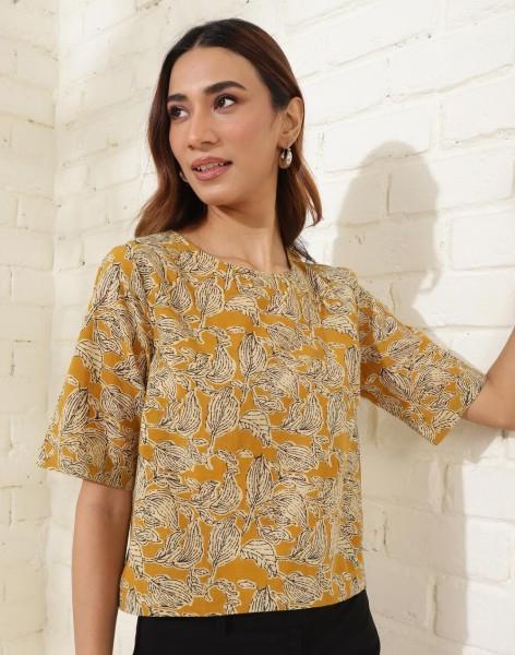 casual regular sleeves printed women yellow top