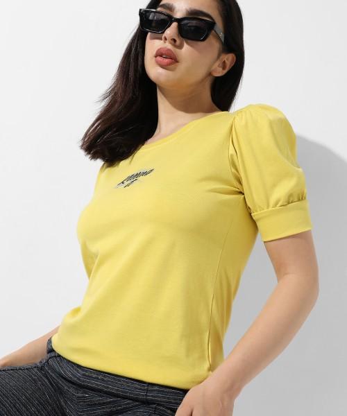 casual regular sleeves printed women yellow top