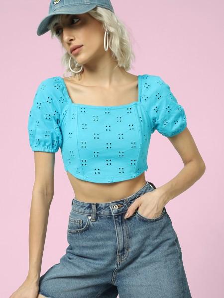 casual regular sleeves self design women blue top