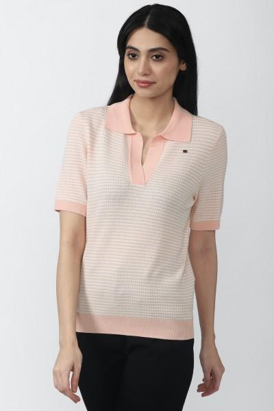 casual regular sleeves self design women pink, beige top