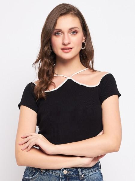 casual regular sleeves solid women black top