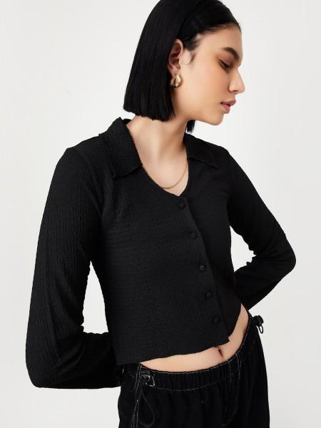 casual regular sleeves solid women black top