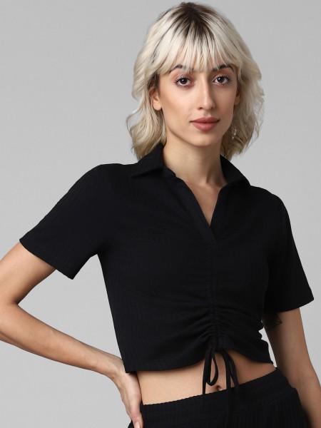 casual regular sleeves solid women black top