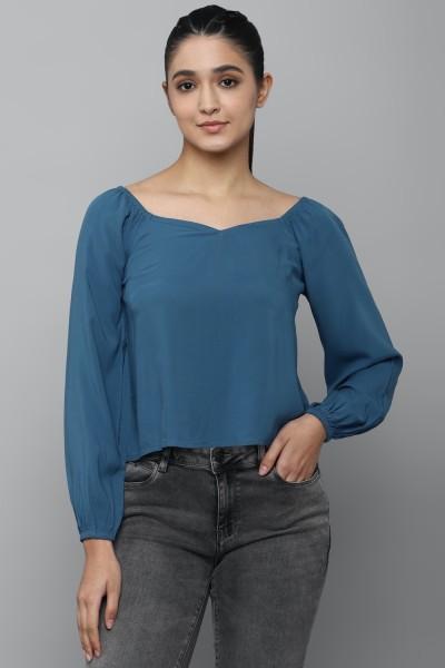 casual regular sleeves solid women blue top