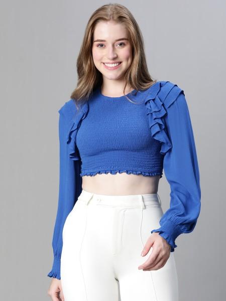 casual regular sleeves solid women blue top