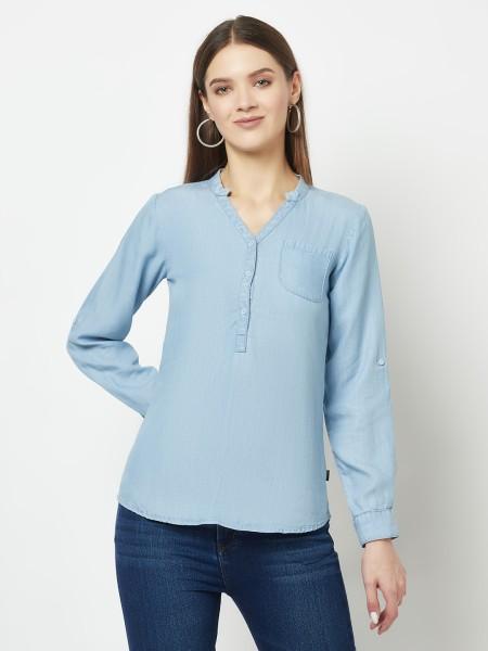 casual regular sleeves solid women blue top