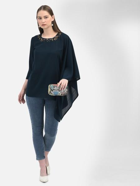 casual regular sleeves solid women dark blue top