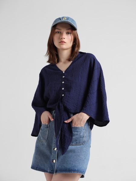 casual regular sleeves solid women dark blue top