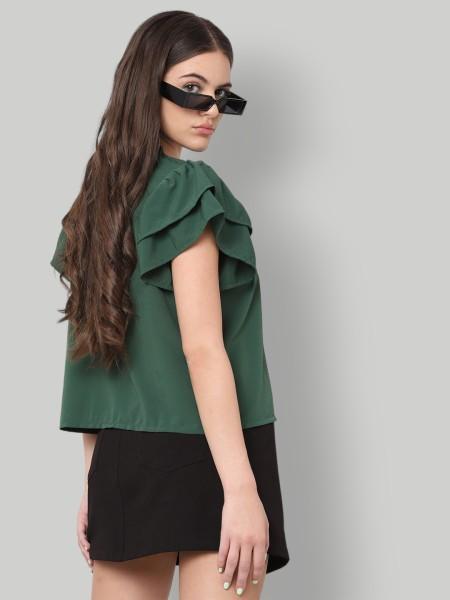 casual regular sleeves solid women dark green top