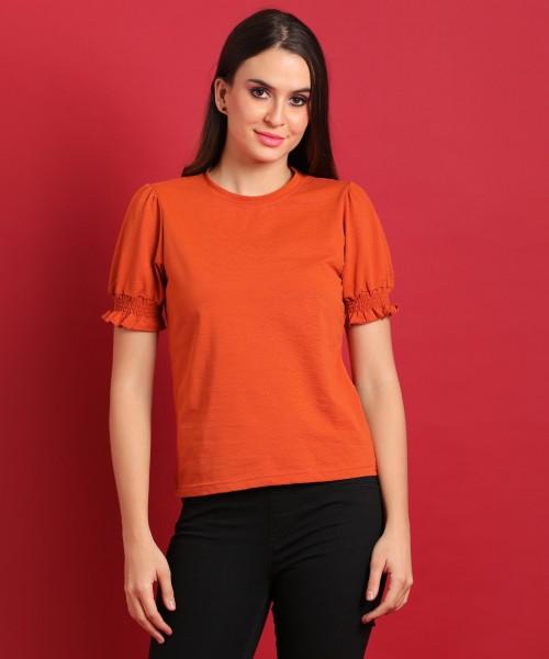 casual regular sleeves solid women orange top