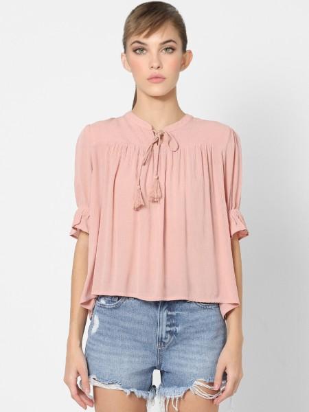 casual regular sleeves solid women pink top