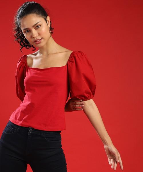 casual regular sleeves solid women red top