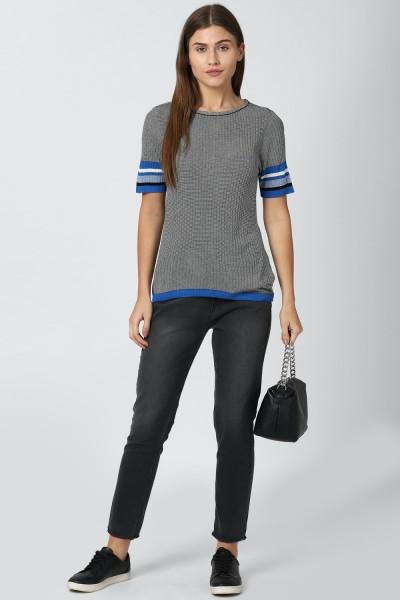 casual regular sleeves striped women grey top