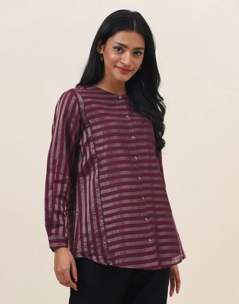 casual regular sleeves striped women maroon, silver top