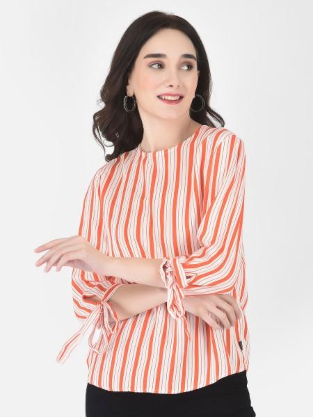 casual regular sleeves striped women orange top