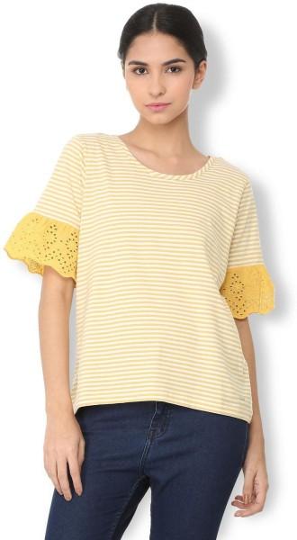 casual regular sleeves striped women yellow top