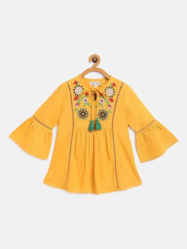 casual round neck fit & flair embroidery print girls dress - yellow
