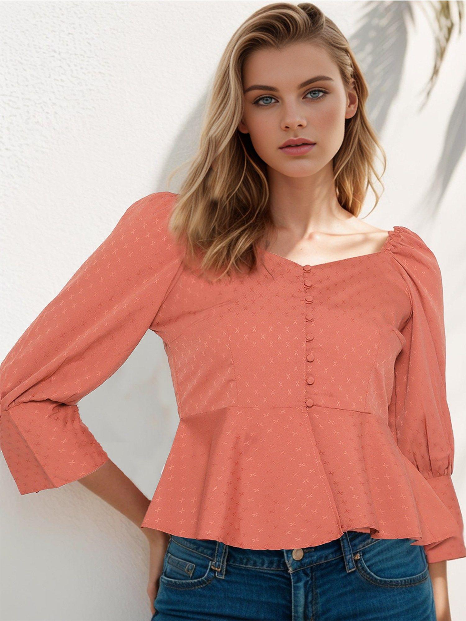 casual rust colour sweetheart neck self design peplum top